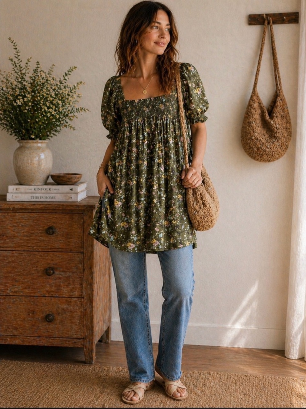 Tory Burch Olive Floral Smocked Tunic Top | Boho Puff Sleeve Blouse M